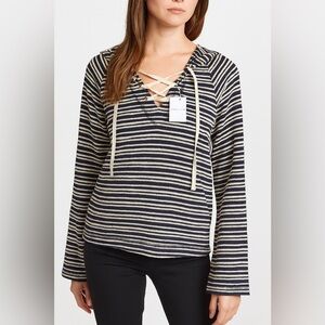 Sanctuary Textured Stripe Hoodie Small NWT Navy Cream Lace-Up Pullover